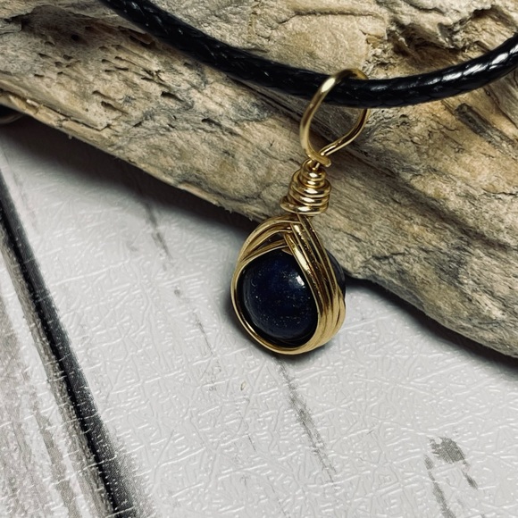 Lapiz Lazuli Pendant Hand Wire Wrapped With Gold Pl Wire - Picture 6 of 7